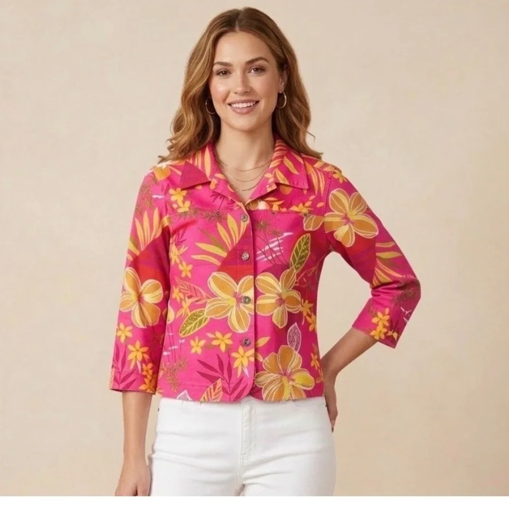Blazer Tropical KAK TUS Creation by Cici Floral Button Down Print Pink‎ Medium